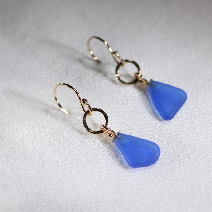 Cobalt Blue Sea Glass Earrings in hammered 14 kt gold-filled circle