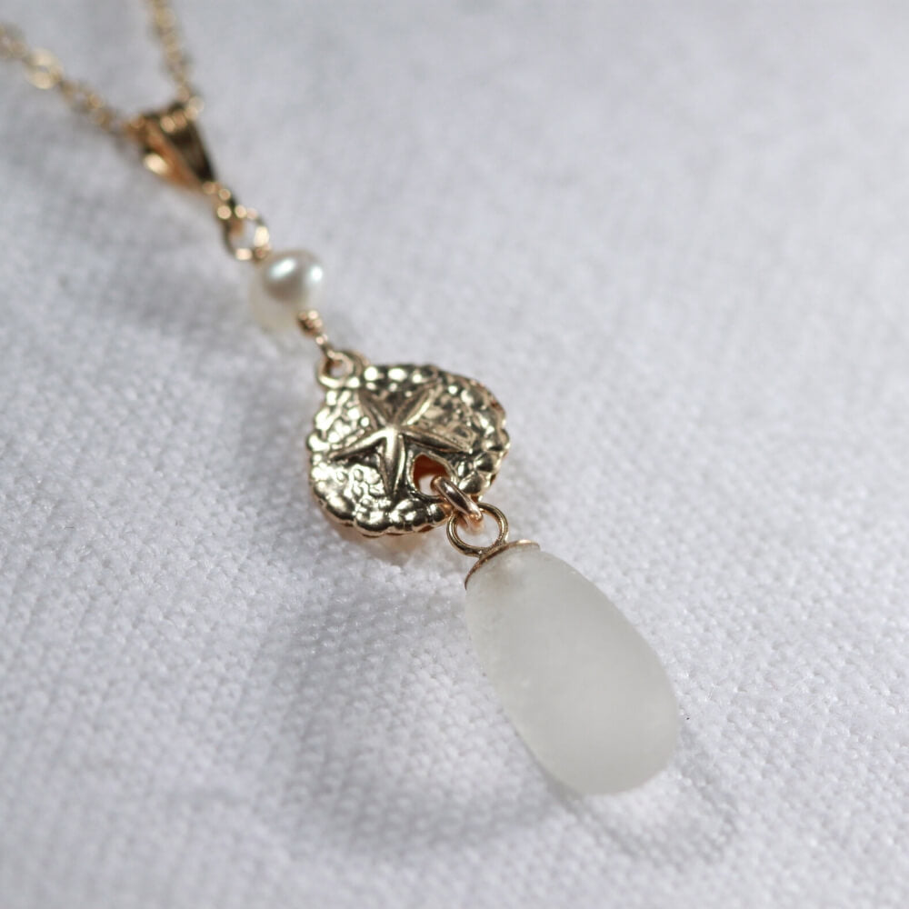 White Sea Glass necklace with a pearl and 14kt GF sand dollar