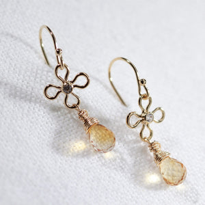 Citrine Marquise and CZ flower Dangle Earrings in 14 kt Gold Filled