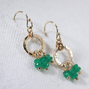 Emerald Gemstone and Hammered circle Earrings in 14 kt Gold Filled