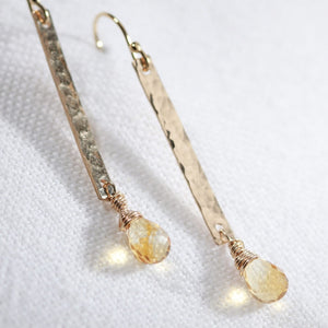Citrine briolette gemstone and Hammered Bar Earrings in 14 kt Gold Filled
