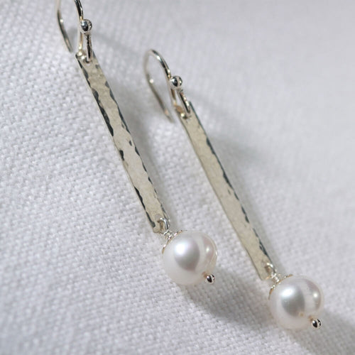 Pearl and Hammered Bar Earrings in Sterling Silver