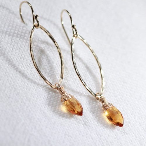 Citrine gemstone and Hammered marquise Hoop Earrings in 14 kt Gold Filled