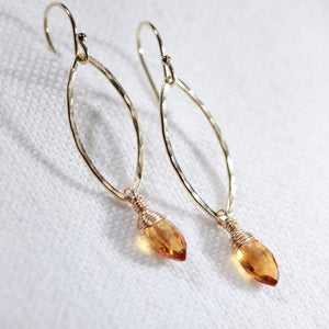 Citrine gemstone and Hammered marquise Hoop Earrings in 14 kt Gold Filled
