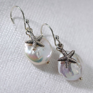 Freshwater Coin pearl and Starfish Earrings in Sterling Silver