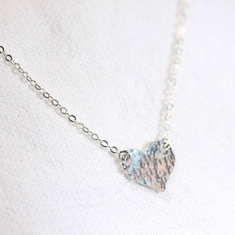 Shiny Hammered Heart Charm Necklace in Sterling Silver
