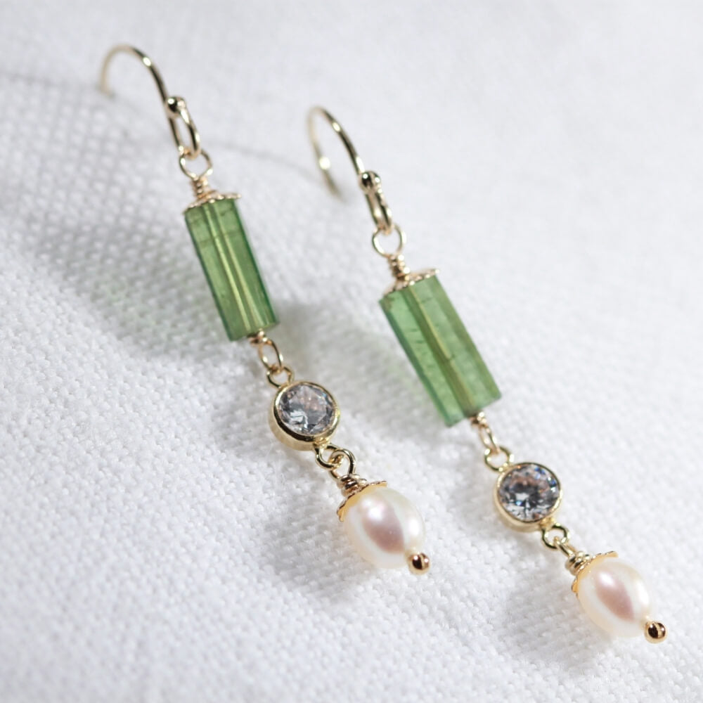Tourmaline, green natural gemstone and CZ Chain Dangle Earrings in 14 kt Gold Filled