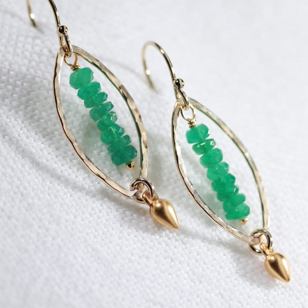 Emerald gemstone and Hammered marquise Hoop Earrings in 14 kt Gold Filled