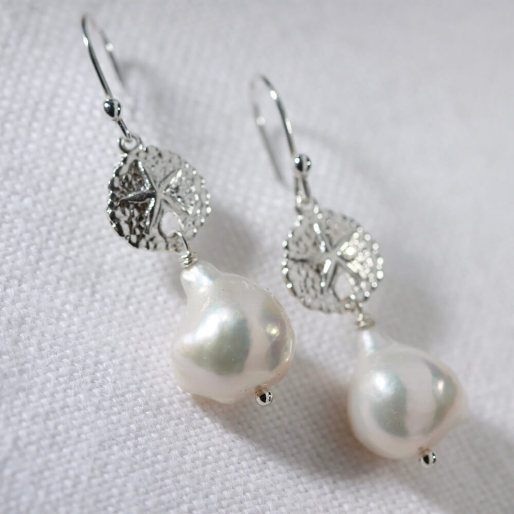 Baroque Pearl with Sand Dollar Charm Earrings in Sterling Silver