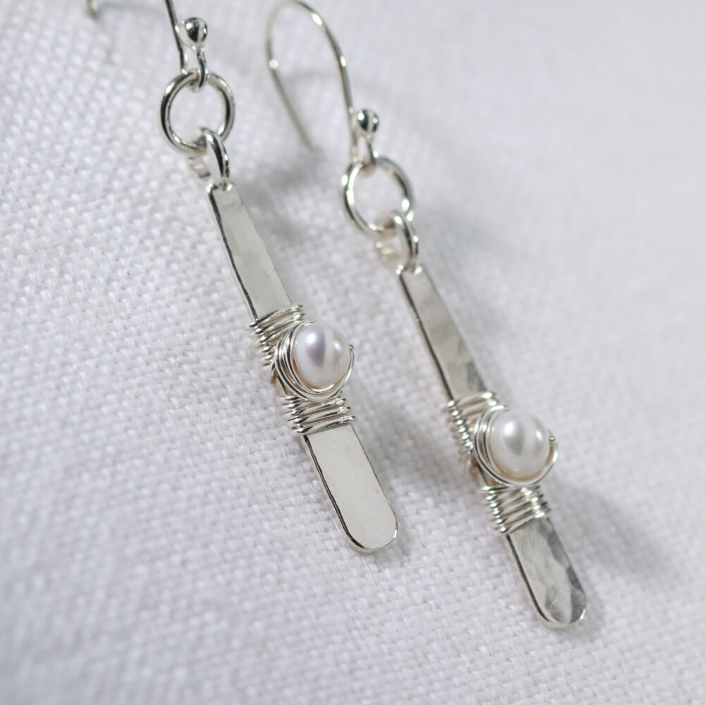 Pearl and Hammered drop bar Earrings in sterling silver