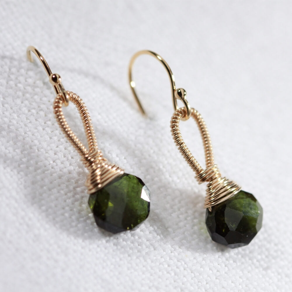 Tourmaline, green briolette gemstone Earrings hand wrapped in 14 kt Gold Filled