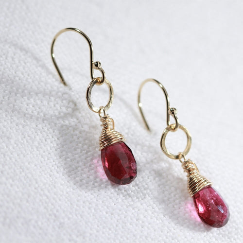 Tourmaline, Pink Briolette gemstone and hammered circle Earrings in 14 kt Gold Filled