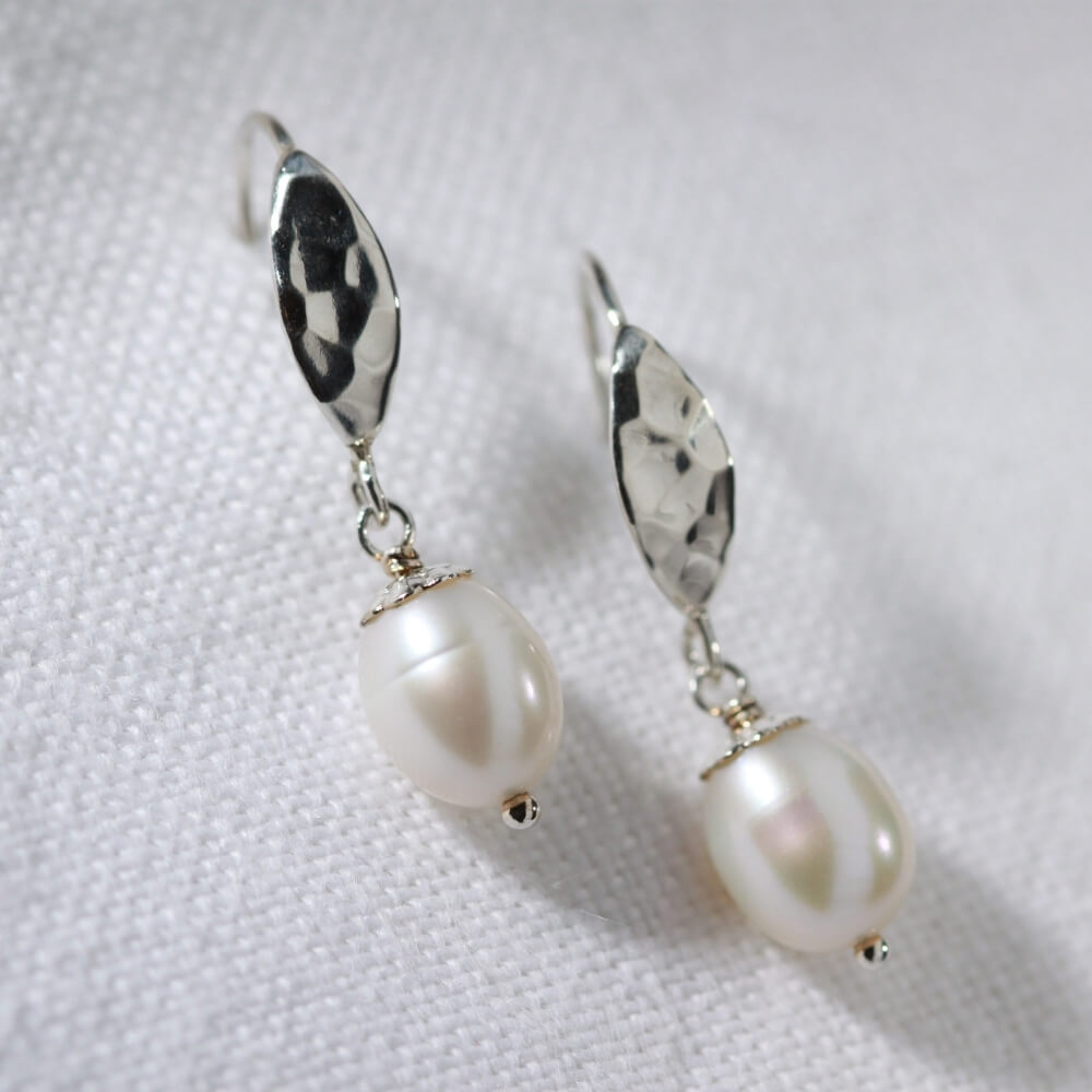 Pearl and Hammered sterling silver drop Earrings