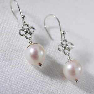 Pearl and flower charm sterling silver drop Earrings