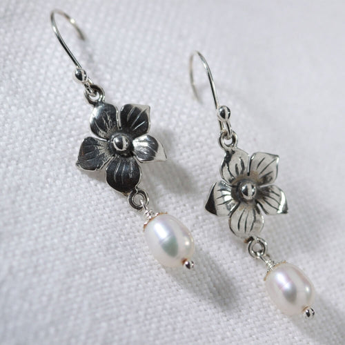 Pearl and sterling silver flower charm Earrings