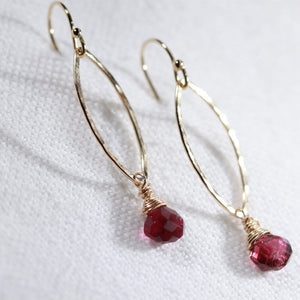 Tourmaline, Pink briolette gemstone and Hammered marquise Hoop Earrings in 14 kt Gold Filled