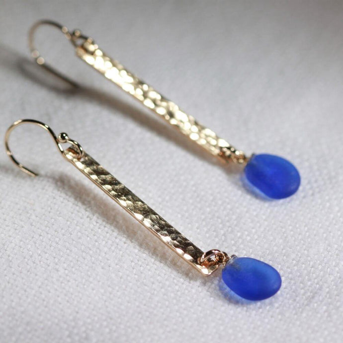 Cobalt Blue Sea Glass hammered bar earrings in 14 kt gold-filled