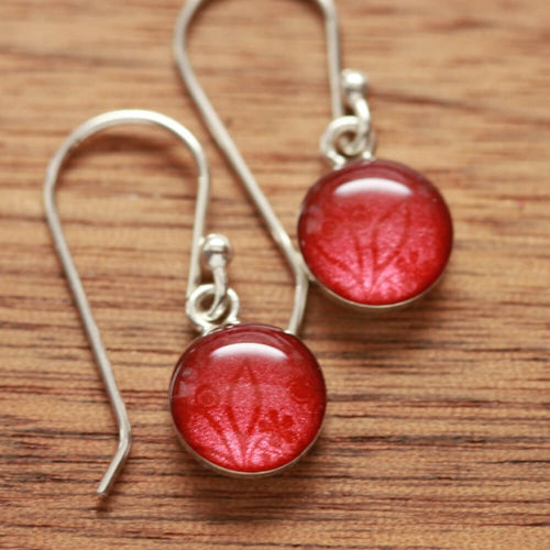 Shimmering Red tiny earrings made from recycled Starbucks gift cards, sterling silver and resin