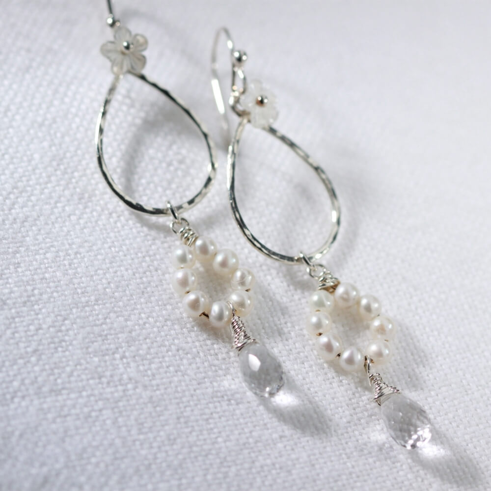 Pearl and Quartz Crystal Chandelier Earrings in sterling silver