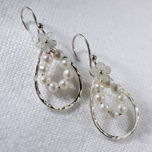 Pearl and sterling silver teardrop hoop earrings