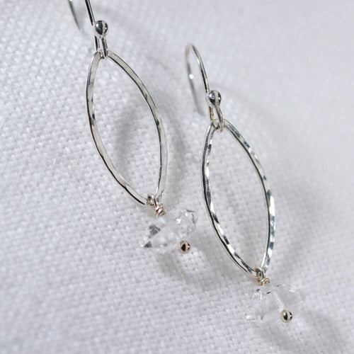 Herkimer Diamond and Hammered marquise Hoop Earrings sterling silver