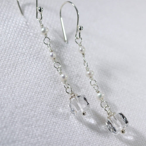 Quartz Crystal and pearl Chain Dangle Earrings in sterling silver