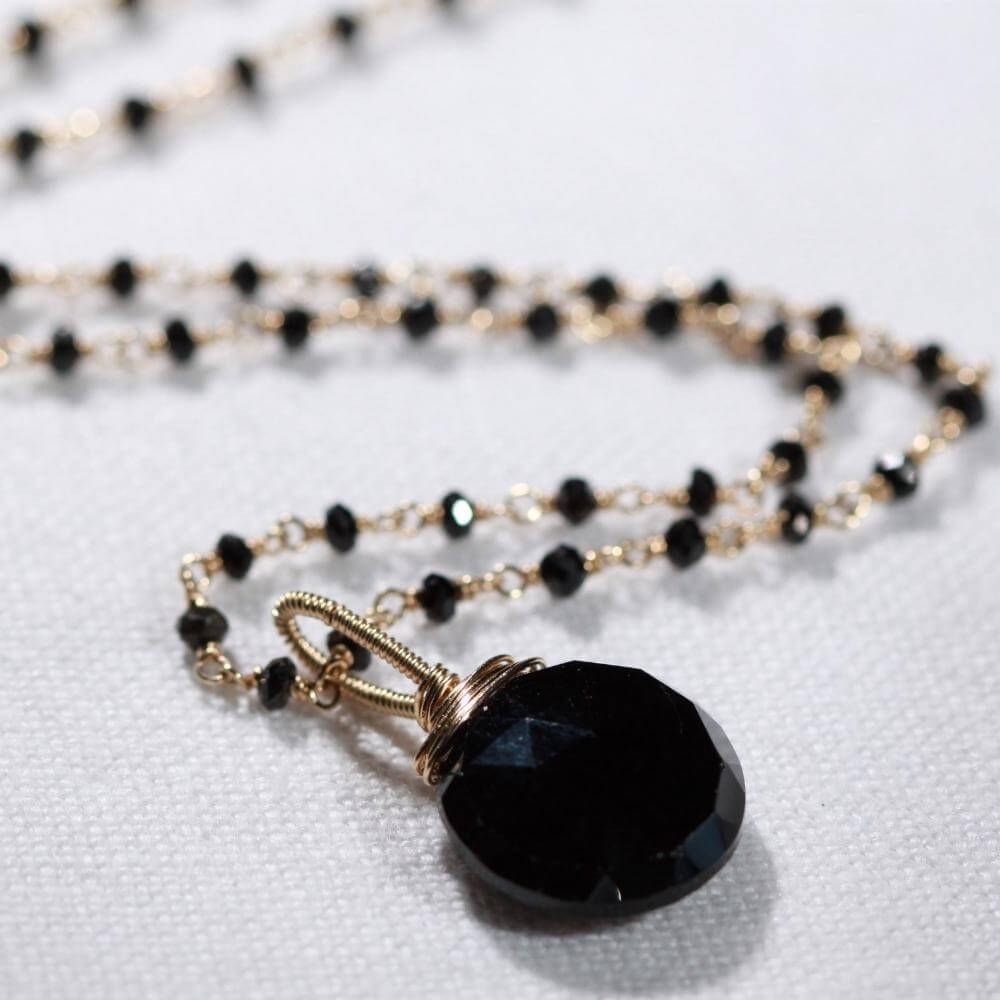 Black Garnet faceted pendant with beaded chin in 14 kt Gold-Filled