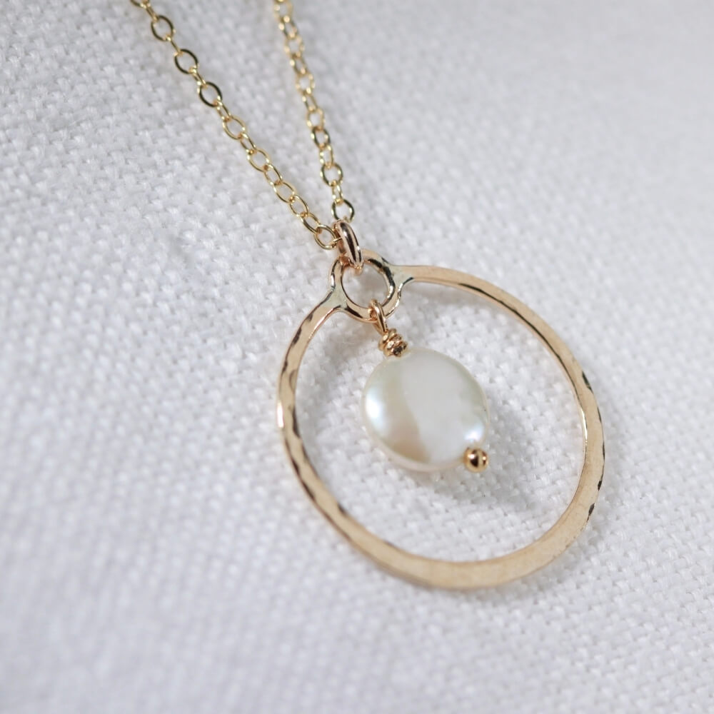 Freshwater Coin Pearl Necklace with Hammered hoop in 14kt gold filled