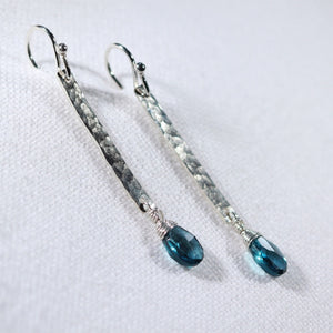 London Blue Topaz and Hammered Bar Earrings in Sterling Silver