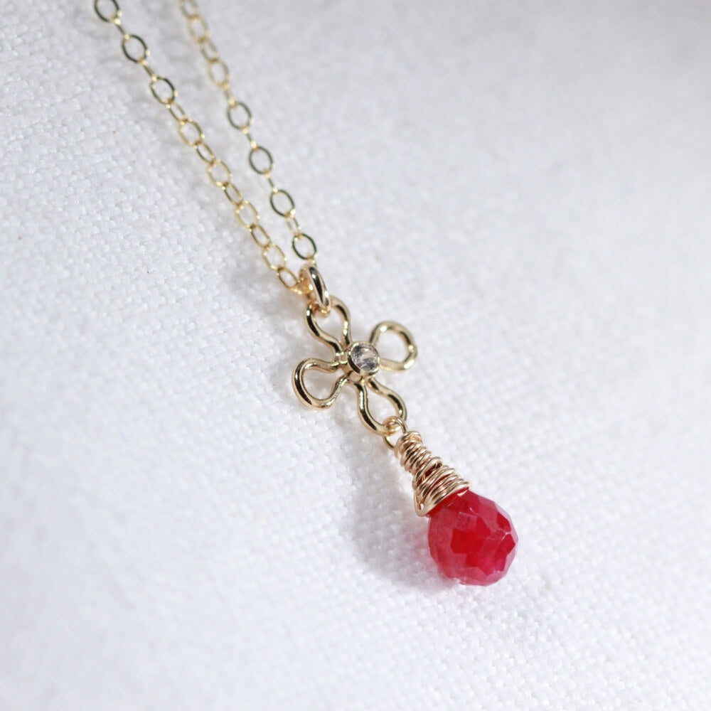 Ruby Briolette and flower with CZ Necklace in 14 kt Gold-Filled