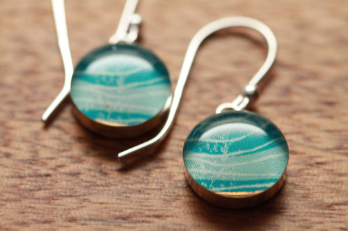 Floating at sea earrings 12mm made from recycled Starbucks gift cards, sterling silver and resin