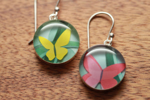 Butterfly earrings made from recycled Starbucks gift cards, sterling silver and resin