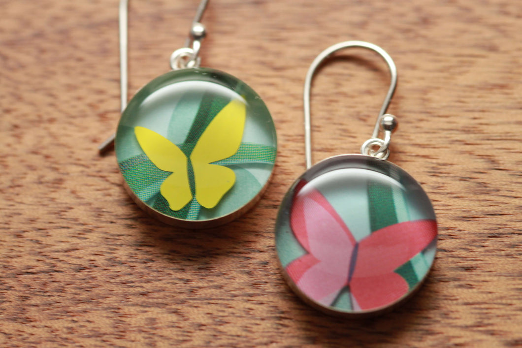 Butterfly earrings made from recycled Starbucks gift cards, sterling silver and resin