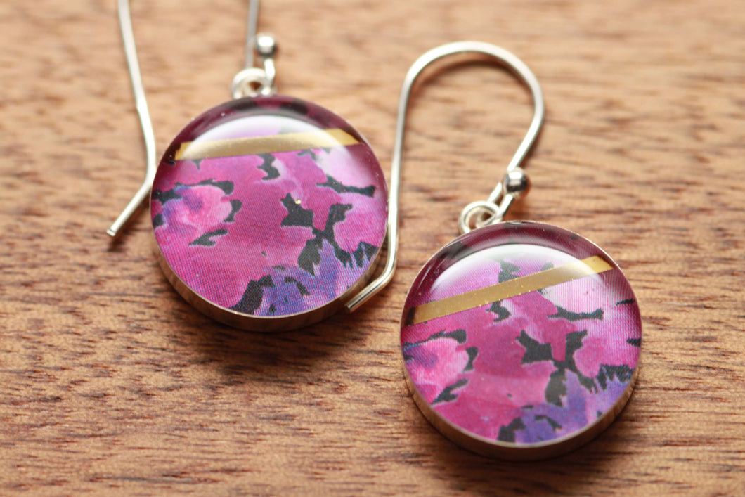 Purple flower earrings made from recycled Starbucks gift cards, sterling silver and resin