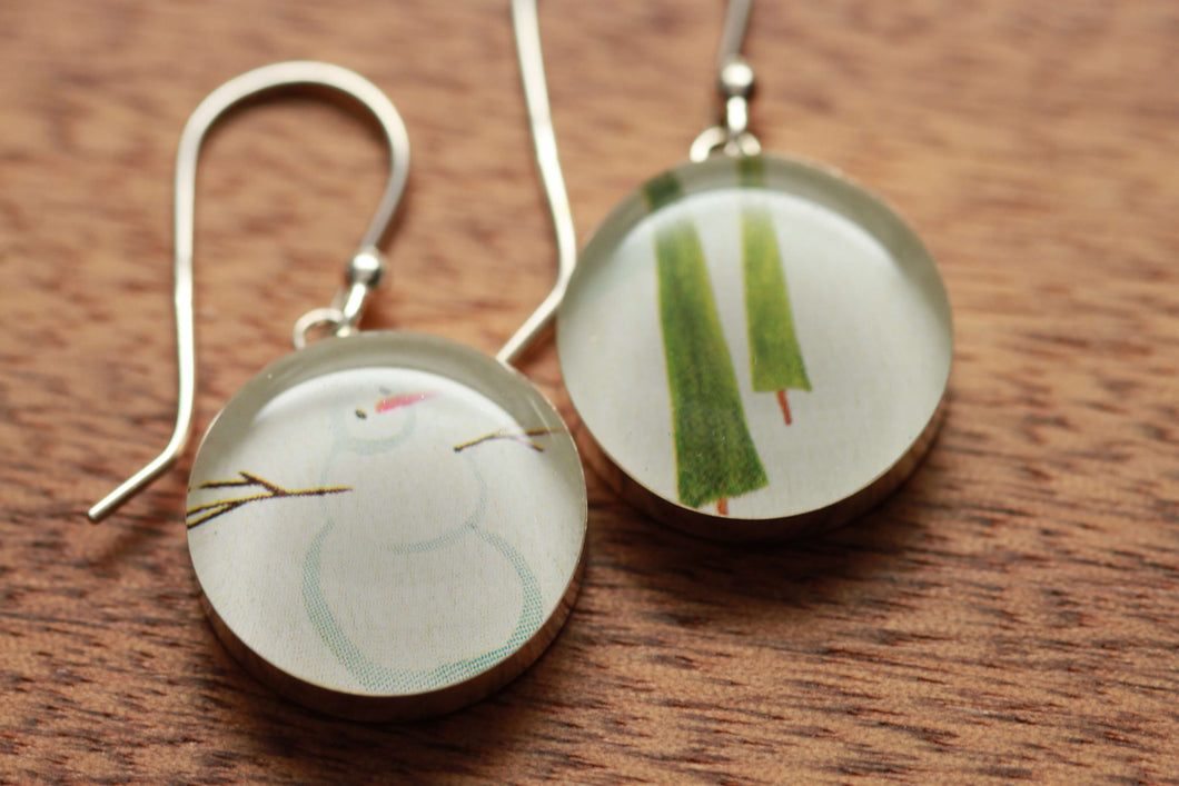 Snowman Scene earrings made from recycled Starbucks gift cards, sterling silver and resin