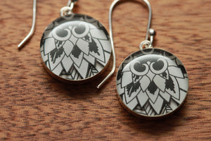 Black and white Chrysanthemum earrings made from recycled Starbucks gift cards, sterling silver and resin