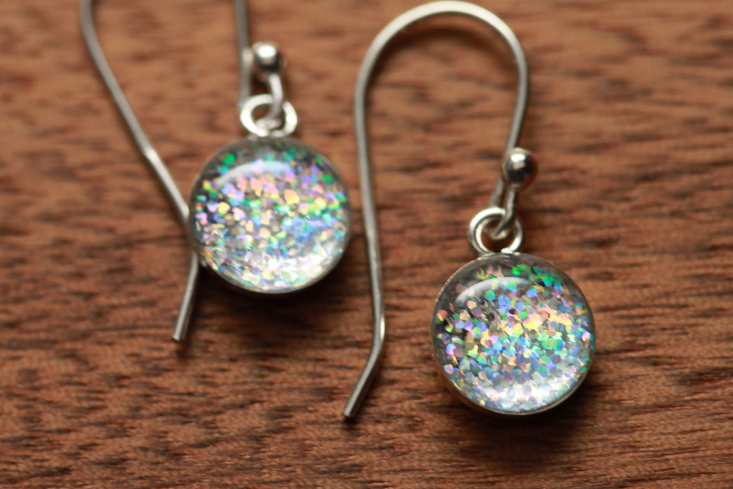 Tiny Rainbow Sparkle earrings made from recycled Starbucks gift cards, sterling silver and resin