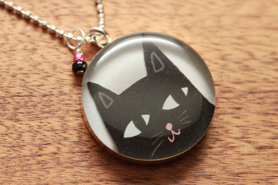 Black Cat necklace made from recycled Starbucks gift cards, sterling silver and resin