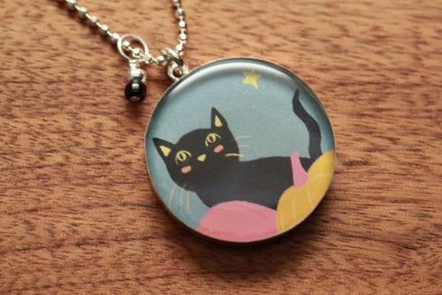 Black Cat and Pumpkin necklace made from recycled Starbucks gift cards, sterling silver and resin