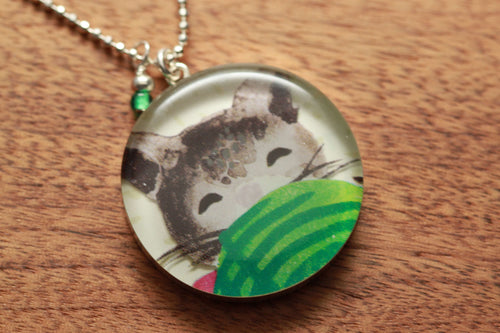 Cat and yarn ball necklace made from recycled Starbucks gift cards, sterling silver and resin