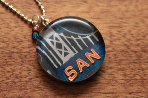 San Francisco Bay Bridge necklace made from recycled Starbucks gift cards, sterling silver and resin