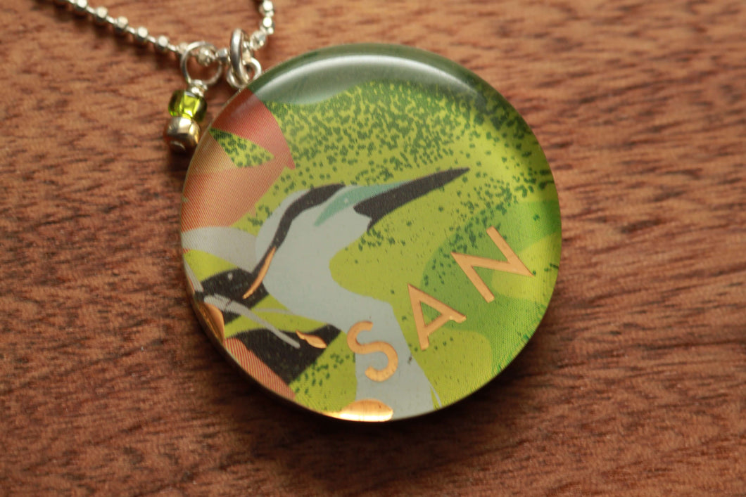 Great Blue Heron necklace made from recycled Starbucks gift cards, sterling silver and resin