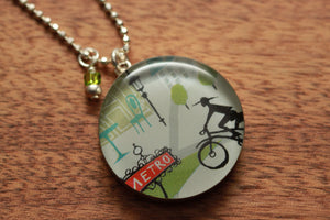 Bicycle in Paris necklace made from recycled Starbucks gift cards, sterling silver and resin
