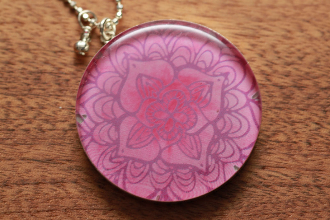 Fuchsia Flower Petal necklace 15mm made from recycled Starbucks gift cards, sterling silver and resin