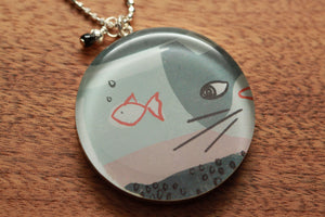 Whimsical cat and goldfish necklace made from recycled Starbucks gift cards, sterling silver and resin
