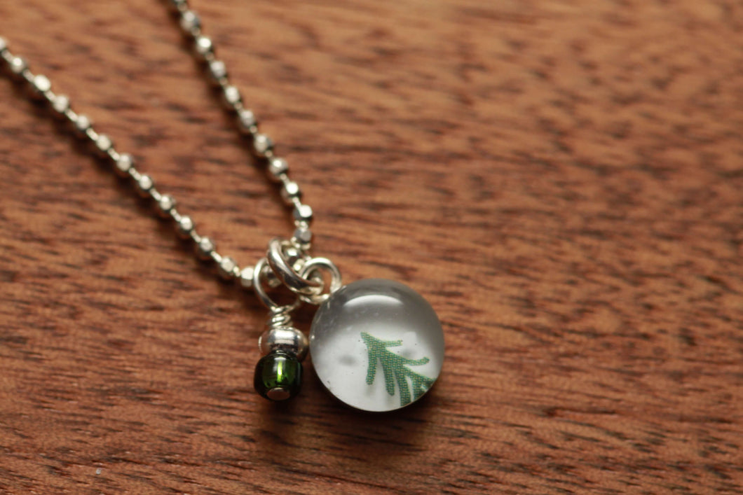 Tiny Tree necklace made from recycled Starbucks gift cards, sterling silver and resin