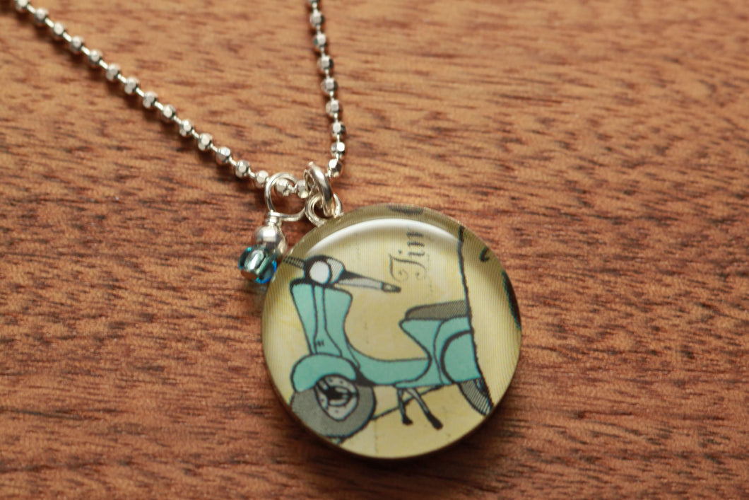 Vespa necklace made from recycled Starbucks gift cards, sterling silver and resin