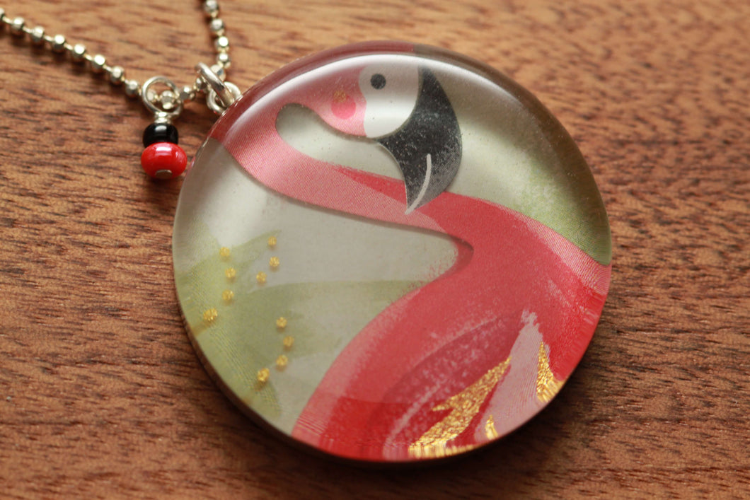 Pink Flamingo necklace made from recycled Starbucks gift cards, sterling silver and resin