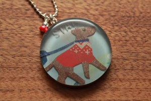 Winter Dog with darling red sweater necklace made from recycled Starbucks gift cards, sterling silver and resin