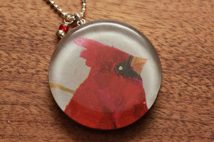 Red Cardinal necklace made from recycled Starbucks gift cards, sterling silver and resin